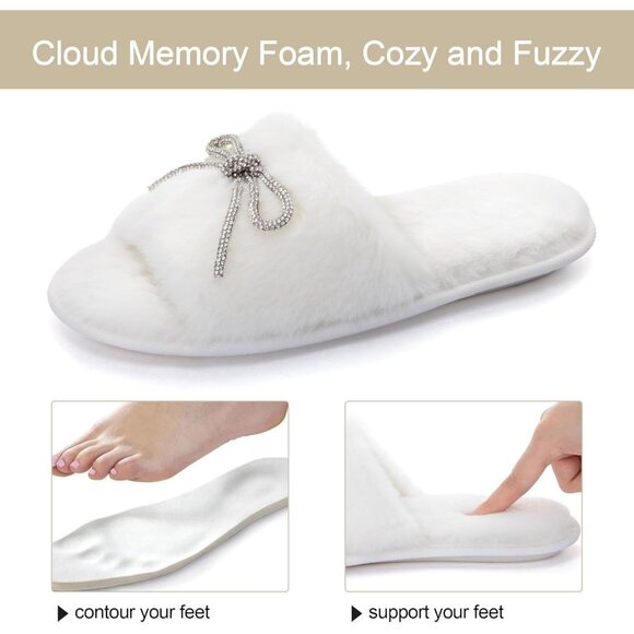 Women's Fuzzy Rhinestone Bow knot Open Toe White Slides Slippers Shoes - Picture 8 of 8